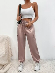 SHEIN PETITE Drawstring Waist Flap Pocket Satin Cargo Trousers - Champagne - View 4