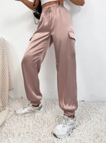 SHEIN PETITE Drawstring Waist Flap Pocket Satin Cargo Trousers - Champagne - View 5