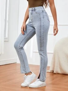 SHEIN Essnce 淺色水洗下擺開叉牛仔褲 - 淺色水洗藍 - 查看 3