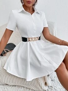 SHEIN PETITE 前排扣襯衫洋裝不附腰帶 - 白色 - 查看 6