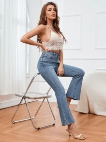 SHEIN Essnce Zipper Fly Bootcut Leg Jeans - Medium Wash - View 4