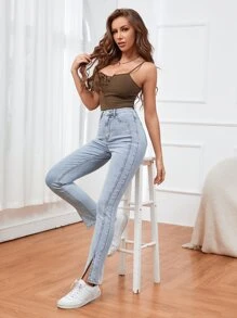 SHEIN Essnce 淺色水洗下擺開叉牛仔褲 - 淺色水洗藍 - 查看 1