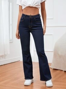 SHEIN Jeans bootcut unicolor cremallera - Azul lavado oscuro - Ver 4