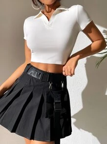 SHEIN PETITE Ribbed Knit Crop Tee - White - View 1