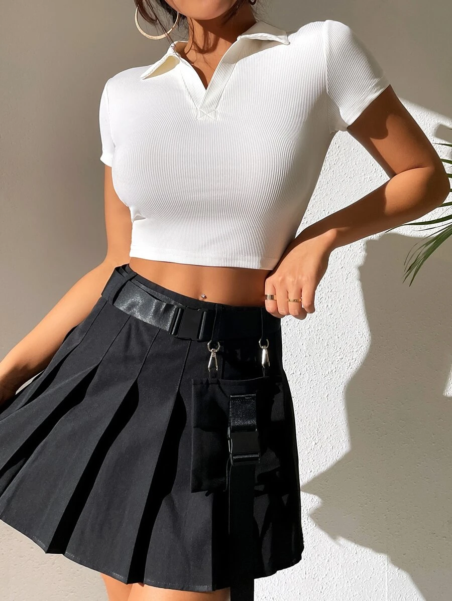 SHEIN PETITE Ribbed Knit Crop Tee - White - View 1