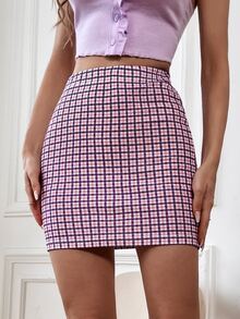 Falda ajustada con estampado de cuadros - Multicolor - Ver 4