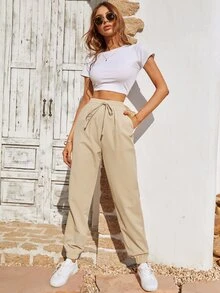 SHEIN Frenchy Quần nữ Dây kéo màu trơn Giải trí - Màu be - Xem 4