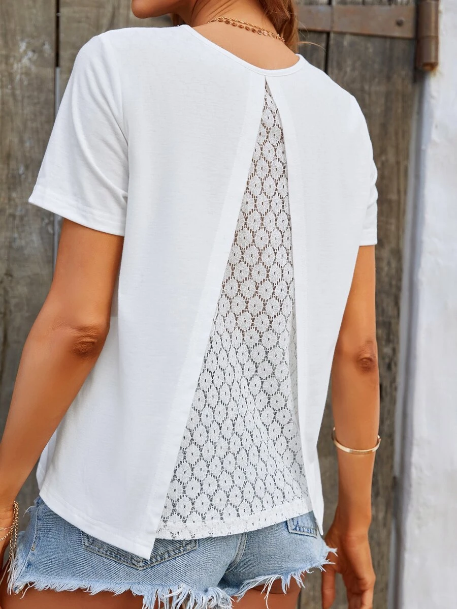 SHEIN Frenchy 水溶蕾絲拼接素色T恤 - 白色 - 查看 1