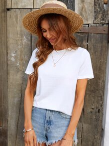 SHEIN Frenchy 水溶蕾絲拼接素色T恤 - 白色 - 查看 5