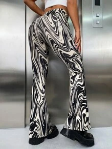 SHEIN ICON Pantalones acampanados con estampado de mármol - Blanco y Negro - Ver 2