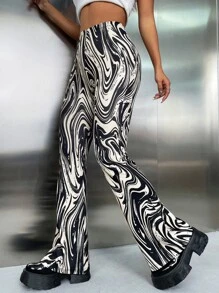 SHEIN ICON Pantalones acampanados con estampado de mármol - Blanco y Negro - Ver 3