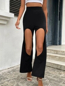 Pantalones de pierna ancha con abertura delantera - Negro - Ver 4