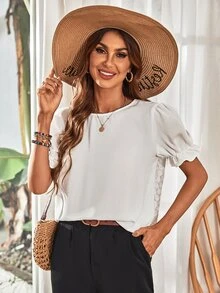 SHEIN Frenchy Guipure Lace Insert Puff Sleeve Blouse - White - View 3