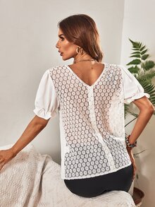 SHEIN Frenchy Guipure Lace Insert Puff Sleeve Blouse - White - View 5