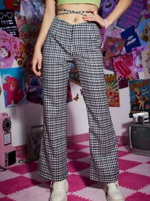 SHEIN Unity Plaid Crisscross Tie Back Pants - Black and White - View 1