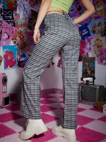SHEIN Unity Plaid Crisscross Tie Back Pants - Black and White - View 2