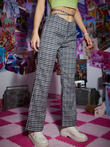SHEIN Unity Plaid Crisscross Tie Back Pants - Black and White - View 5