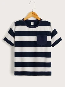SHEIN Boys Striped Print Pocket Patched Tee - Navy Blue - View 1