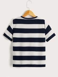 SHEIN Boys Striped Print Pocket Patched Tee - Navy Blue - View 2