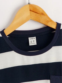 SHEIN Boys Striped Print Pocket Patched Tee - Navy Blue - View 3