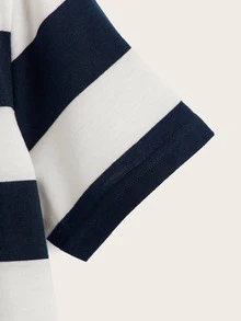 SHEIN Boys Striped Print Pocket Patched Tee - Navy Blue - View 4