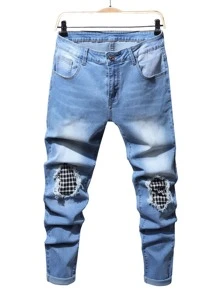 ROMWE MEN 男士格紋水洗牛仔褲 - 淺色水洗藍 - 查看 1