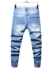 ROMWE MEN 男士格紋水洗牛仔褲 - 淺色水洗藍 - 查看 2