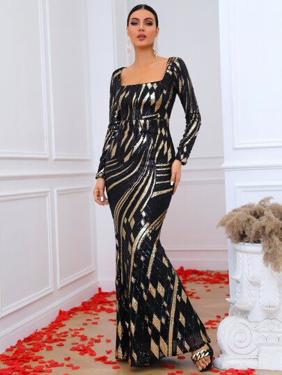 LOVE&LEMONADE Square Neck Mermaid Hem Sequin Formal Dress
