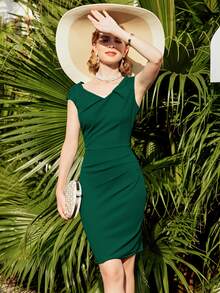 MIUSOL Vestido de lápiz ajustado para fiesta y cóctel con cuello corazón, mangas tipo gorro y drapeado - Verde Oscuro - Ver 3