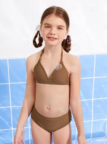 Tween Girl Halter Triangle Bikini Set Summer Beach - Coffee Brown - View 1