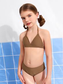 Tween Girl Halter Triangle Bikini Set Summer Beach - Coffee Brown - View 3