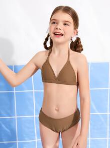 Tween Girl Halter Triangle Bikini Set Summer Beach - Coffee Brown - View 4