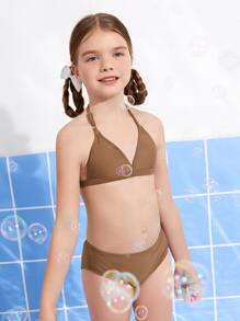 Tween Girl Halter Triangle Bikini Set Summer Beach - Coffee Brown - View 5