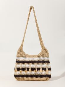 撞色珠子裝飾勾織包 - 彩色 - 查看 1
