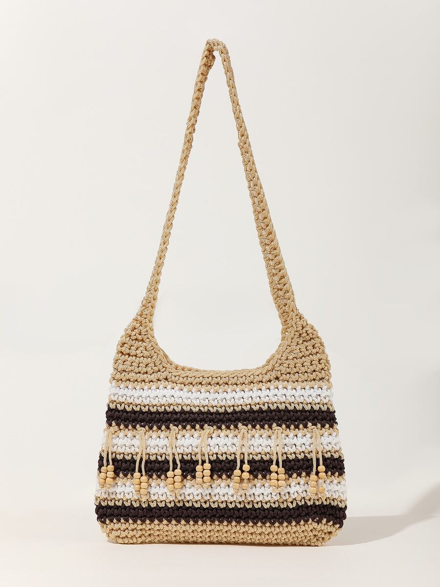 撞色珠子裝飾勾織包 - 彩色 - 查看 1