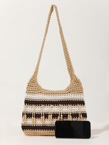 撞色珠子裝飾勾織包 - 彩色 - 查看 2