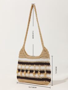 撞色珠子裝飾勾織包 - 彩色 - 查看 5