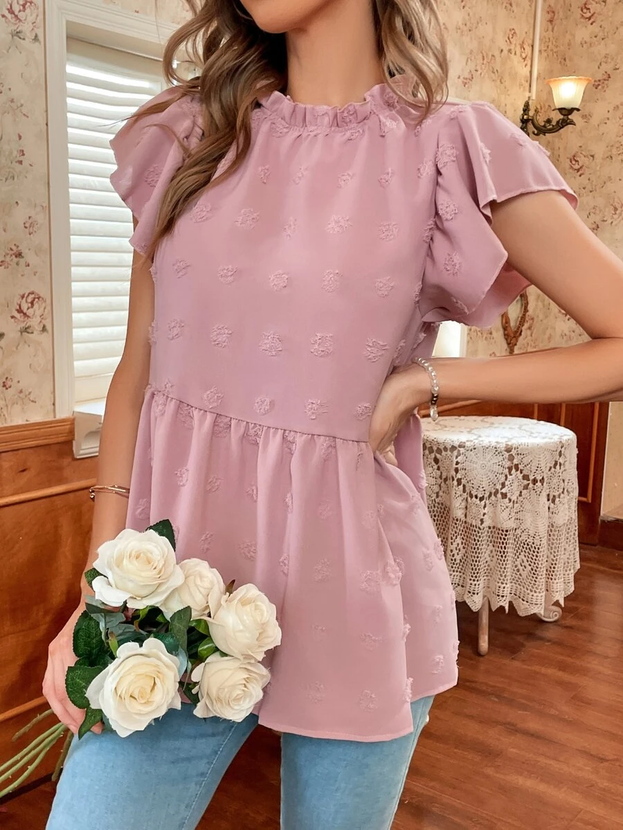 圓點木耳邊領蝴蝶袖荷葉邊下擺襯衫 - 藕粉色 - 查看 1