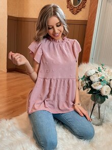 圓點木耳邊領蝴蝶袖荷葉邊下擺襯衫 - 藕粉色 - 查看 5