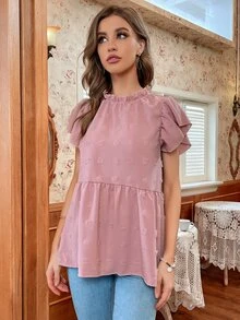 圓點木耳邊領蝴蝶袖荷葉邊下擺襯衫 - 藕粉色 - 查看 6