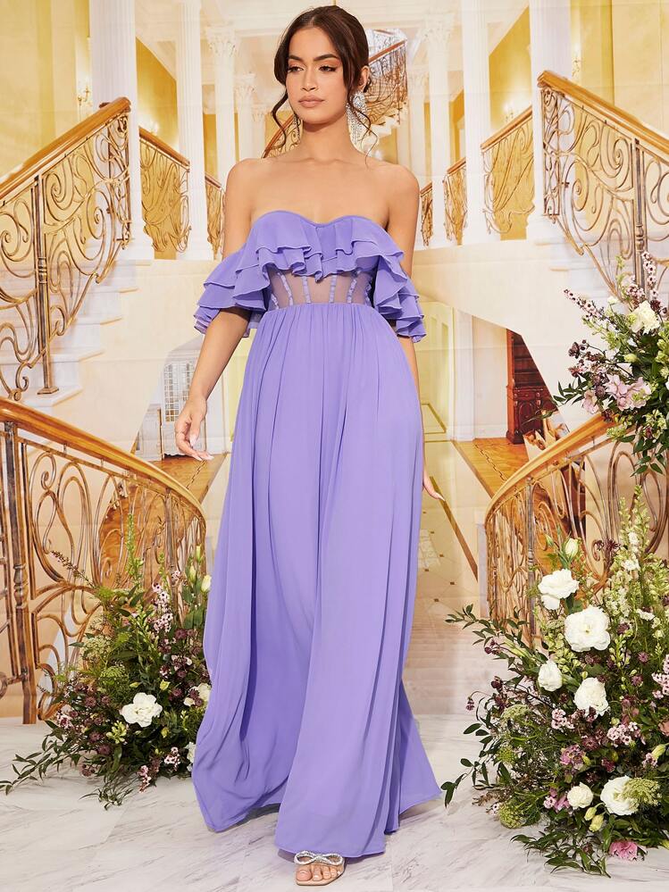 SHEIN Belle Off Shoulder Ruffle Trim Mesh Insert Chiffon Maxi Bridesmaid Dress