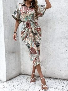 SHEIN Clasi 佩斯利印花蝙蝠袖腰帶緞面襯衫洋裝