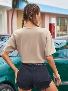 SHEIN Unity Camiseta motocicleta & con estampado de slogan con cremallera delantera - Caqui - Ver 2