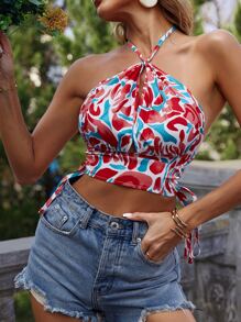 SHEIN Essnce 滿版圖案露背掛脖上衣 - 彩色 - 查看 1