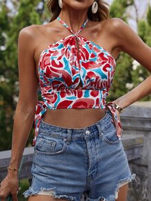SHEIN Essnce 滿版圖案露背掛脖上衣 - 彩色 - 查看 5