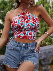 SHEIN Essnce 滿版圖案露背掛脖上衣 - 彩色 - 查看 6