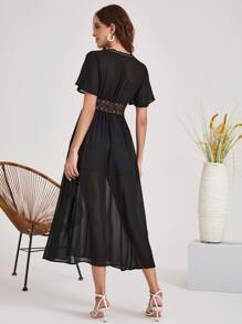 Kimono Nữ Tương phản ren Thắt nơ trước màu trơn - màu đen - Xem 2