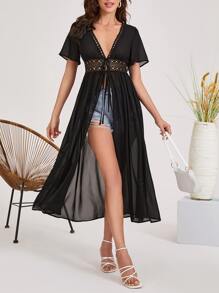 Kimono Nữ Tương phản ren Thắt nơ trước màu trơn - màu đen - Xem 4