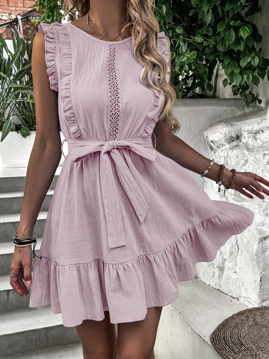 Guipure Lace Detail Ruffle Trim Belted Dress - Baby Pink - View 1