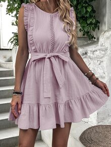 Guipure Lace Detail Ruffle Trim Belted Dress - Baby Pink - View 3